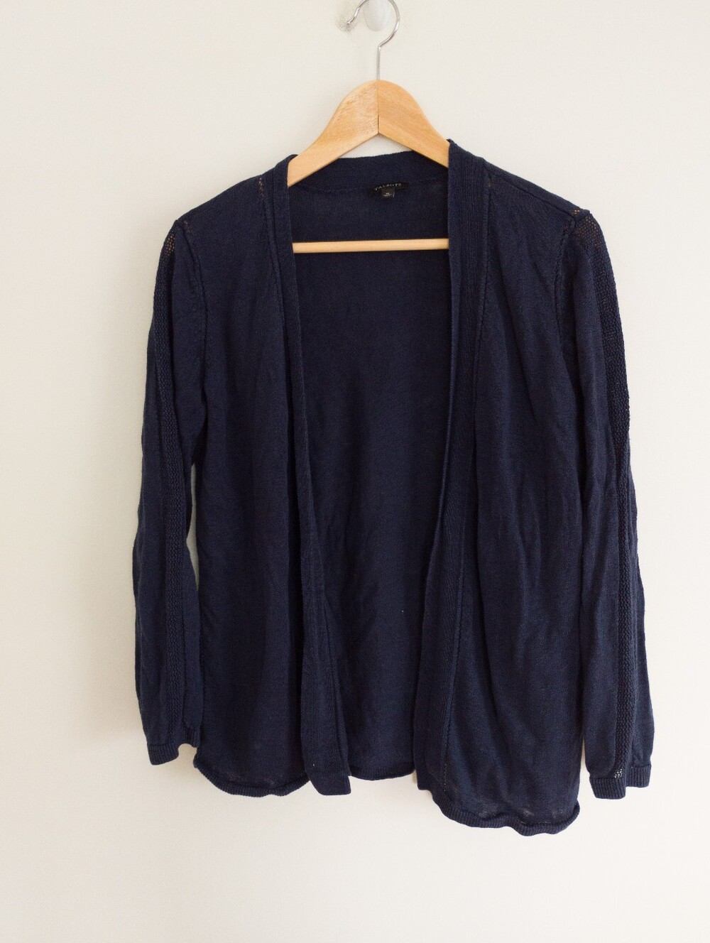 Talbots 100% Linen Open Front Cardigan Navy Blue Pointelle Sleeve Medium